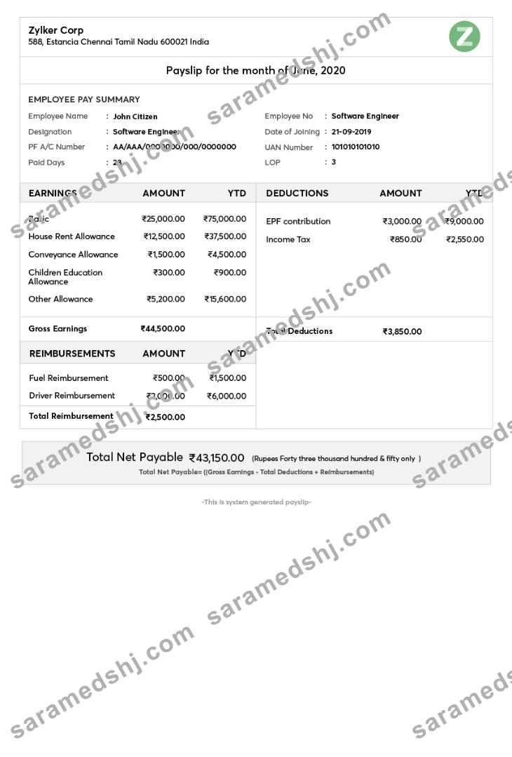 INDIA ZYLKER corporation payslip template in Word and PDF formats
